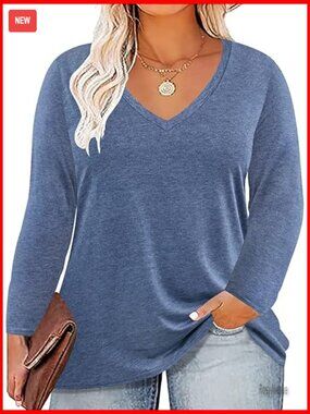 Plus Size Long Sleeve Tunic V Neck Pullover Loose Fit Blouse